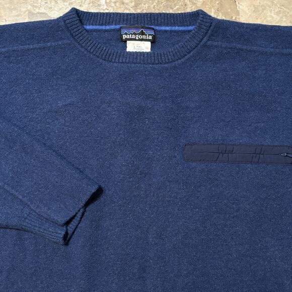 Vintage Patagonia Sweater Mens Large Blue Ridgeway Crew 100% Wool Pocket - Picture 1 of 10
